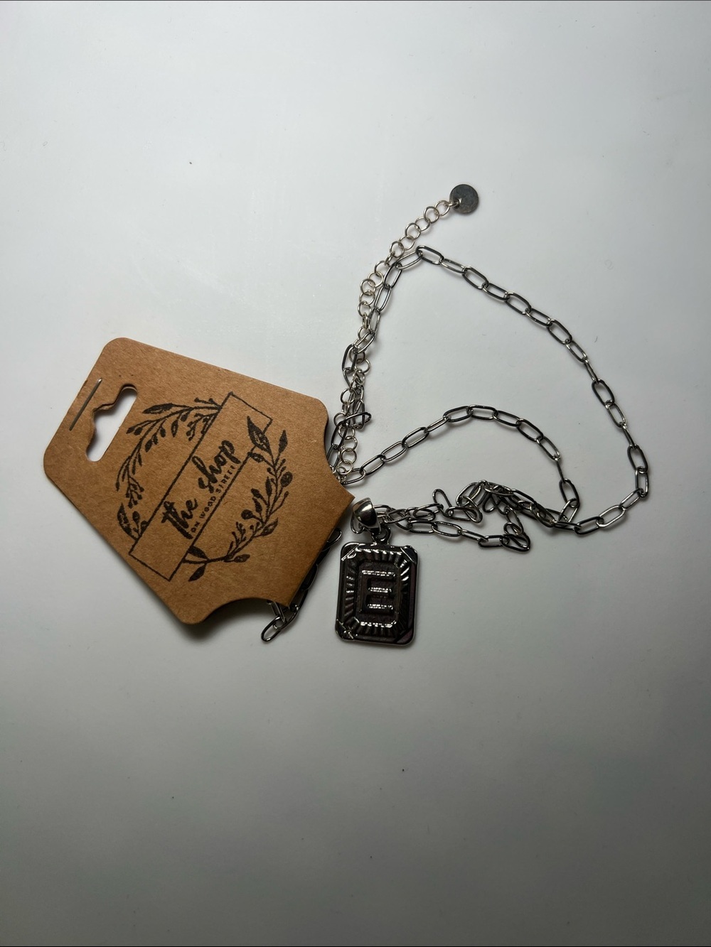 Silver Link Chain Necklace with Rectangular Pendant “E” Initial